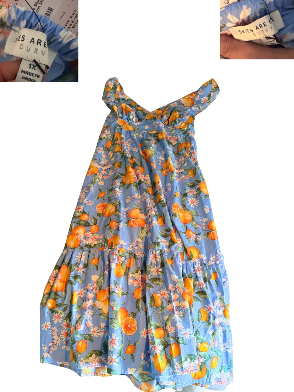 Skies Are Blue Blue Maxi Sundress with Orange Citrus Print